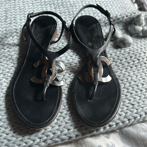 Chanel silver “logo” sandals black size 38.5. Great condition. No box - Picture 1 of 7